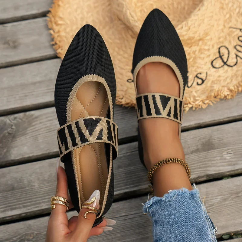 

2023 New Flying Woven Shallow Mouth Pointed Flat Shoes with The Same Cross-border Green Stripes Flats Shoes for Women