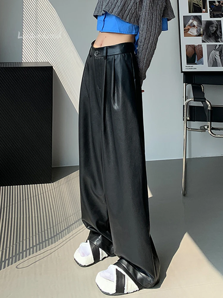 ルーズワイド レザーパンツ ハイウエスト カジュアル ストレート 女性用ストレートレザーパンツ,カジュアルパンツ,柔らか,ルーズ