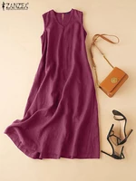 ZANZEA Plus Size Cotton Sleeveless Dresses 2025 Summer Womens Casual V Neck Solid Sundress Loose Vestidos Vintage Robes Femme - Image 4
