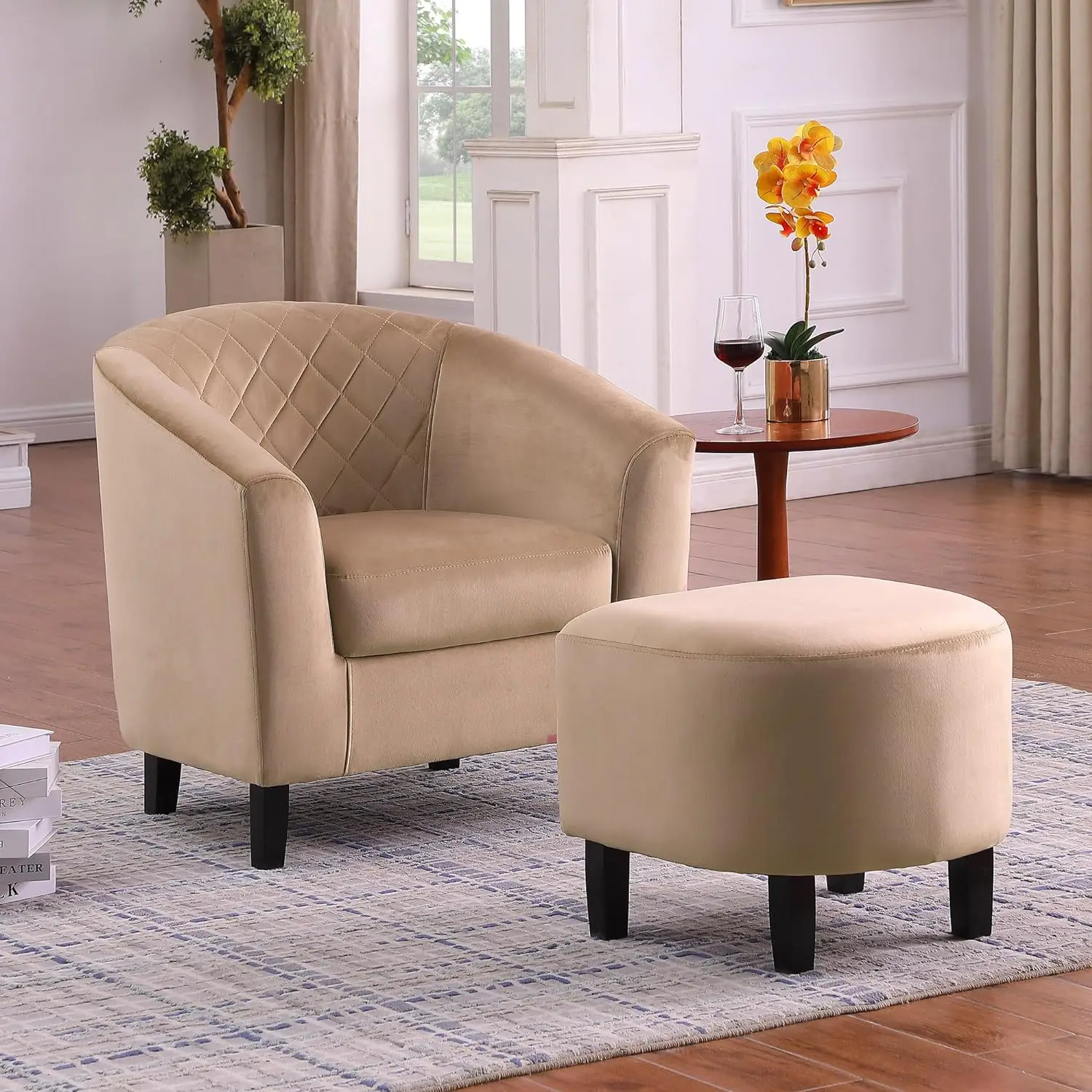 

Wesley Upholstered Mid-Century Modern Accent Tub Club Arm Chair with Matching Ottoman, Small Spaces, Living Room, Velvet