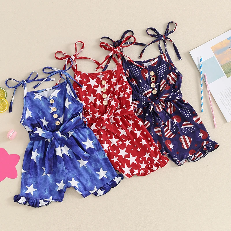 

2024-03-09 Lioraitiin Kid Girls Rompers Tie-up Spaghetti Straps Stars Print Romper 4th of July Clothes with Belt Summer Clothes