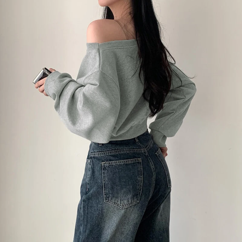 Elegant Solid Korean Streetwear Off-shoulder Long Sleeve Loose Tops Casual Cropped Sweatshirt For Women 5