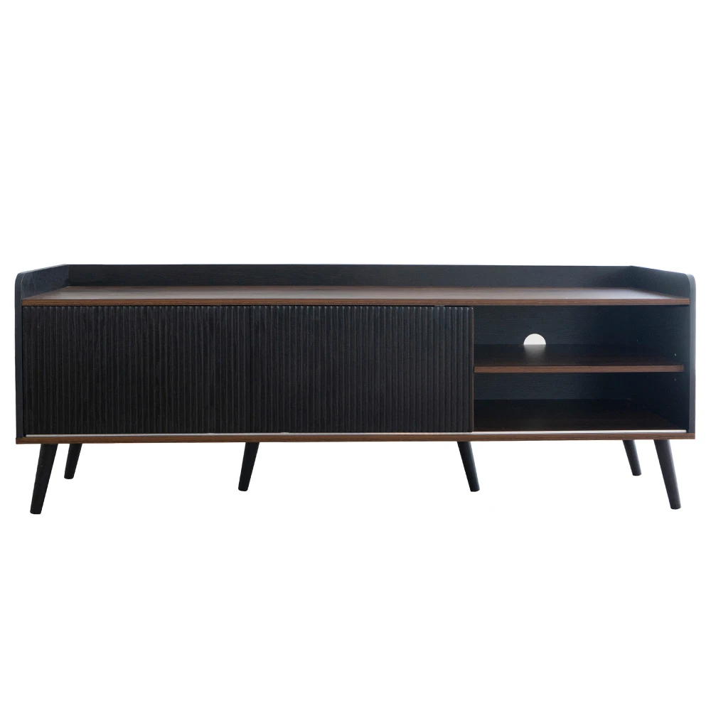 PINGGO 160 x 40 x 58 cm TV-Schrank mit 2 Schubladen und 2 Schiebetüren, schwarzer TV-Ständer in natürlicher Holzfarbe für das Wohnzimmer – Detail 15