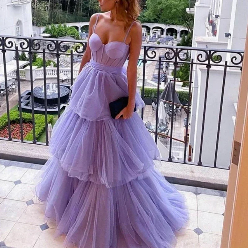 

Sweet Elegant Sling Purple Long Prom Dresses High Waist A-line Tulle Ruffles Ball Gown Exquisite Tiered Backless Strap Vestidos