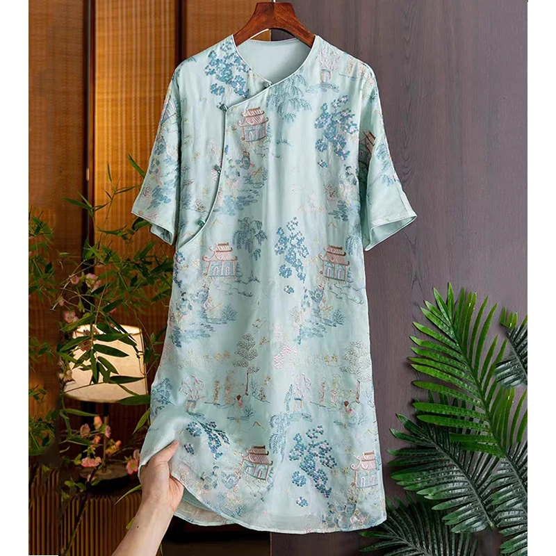 

Fashion Summer New Chinese Style Embroidered Yanyu Jiangnan Landscape Silk+Organza Elegant Short Sleeve Lady Dress S-XXL