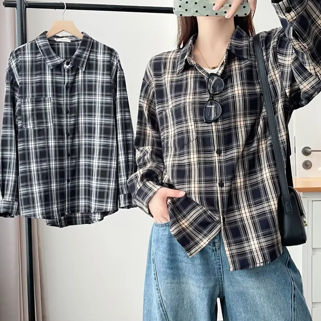 XXXXL Fashion Plus Size Women's Shirt 2025 Autumn New Style Simple Retro Classic Brushed Plaid Blouses 770