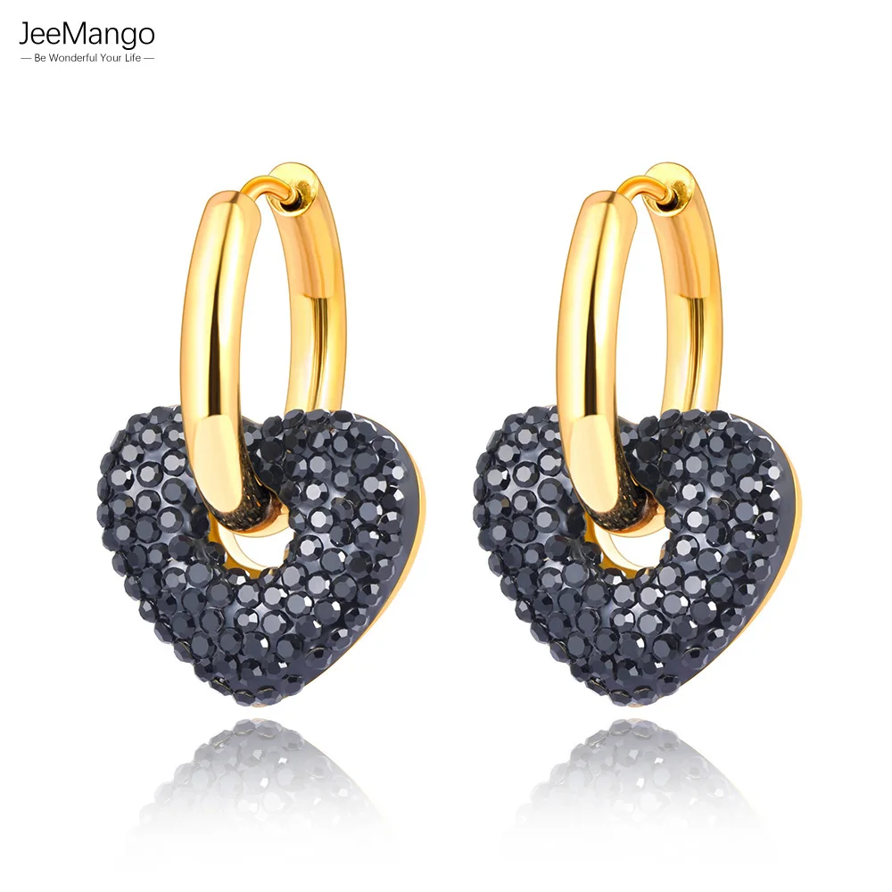 JeeMango Schwarz/weiße Strass-Herz-Creolen für Damen, Edelstahl-Hochzeitsohrringe für Bräute, серьги женские E23072