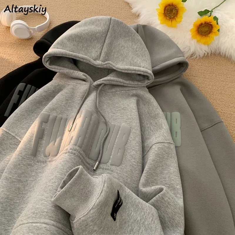 

Hooded Hoodies Women Winter Plus Velvet Unisex American High Street All-match Loose Coats Thicker Couples Casacas Mujer Chic Ins