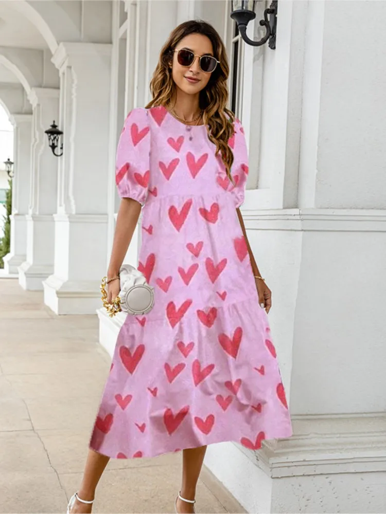 2025 Summer New Women's Print Dress Puff Short Sleeves Ruffles Loose A-line Midi Dresses Fashion Casual Beach Vacation Vestidos