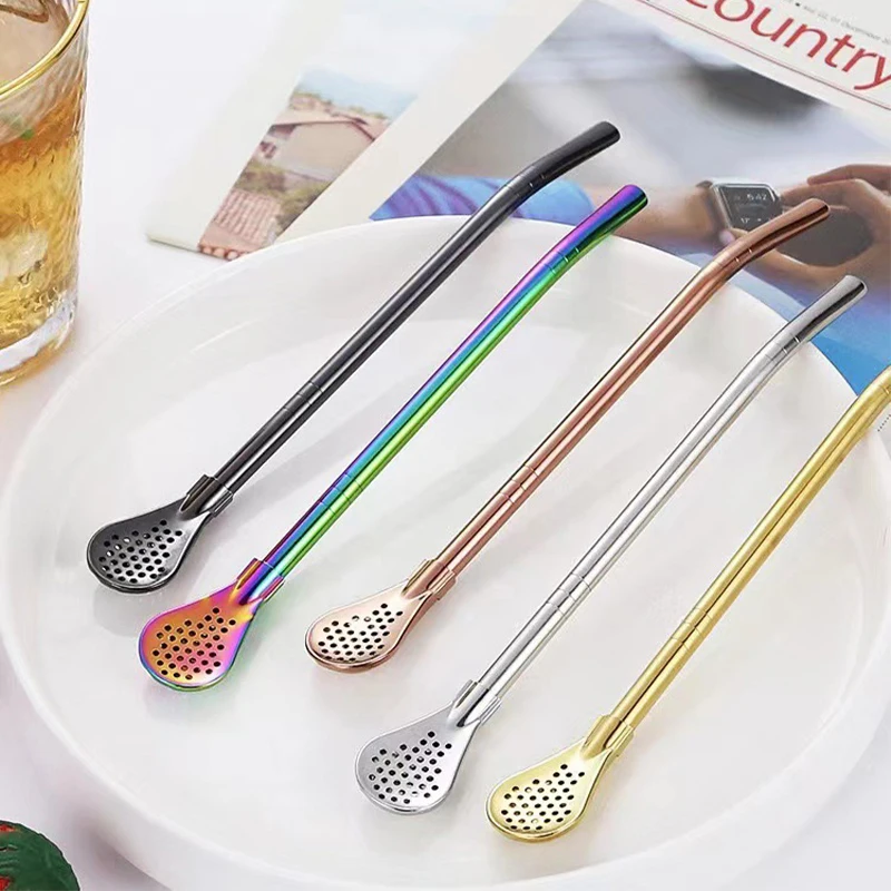 Colorful 304 Stainless Steel Tea Drinking Straws Spoon Yerba Mate Tea Filter Reusable Metal Kitchen Bar Milk Stirring Spoon drinking straws,metal straw set,metal straws,stainless steel straw