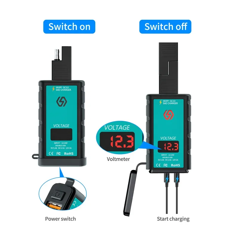 오토바이 고속 충전 듀얼 USB 포트 휴대폰 충전기, SAE to USB C타입 어댑터, 전압계 ON/OFF 방수 분리 플러그, 3.4A