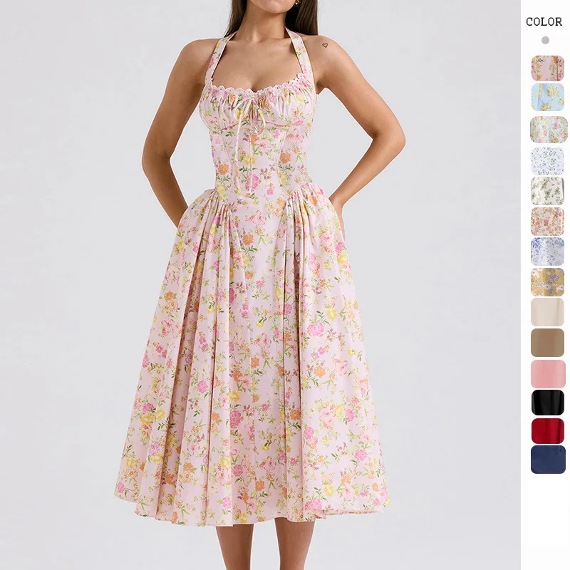 2024 New Summer Slim Fit Slim Strap Long Dress with European and American Style Fashion Print Hanging Neck Lace Dress