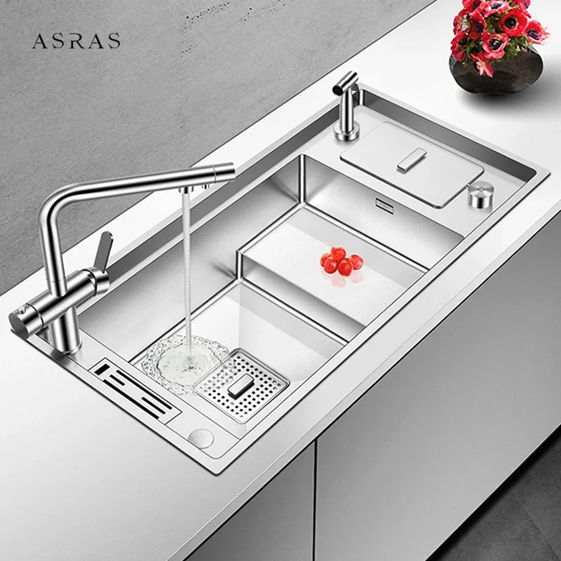 ASRAS Luxury 304 Stainless Steel Kitchen Stepped Sink 4mm Thickness 220mm Depth Large Size Handmade Brushed with Trash Can Sink asras 304 stainless steel kitchen stepped sink 4mm thickness 220mm depth large size handmade brushed with trash can sink