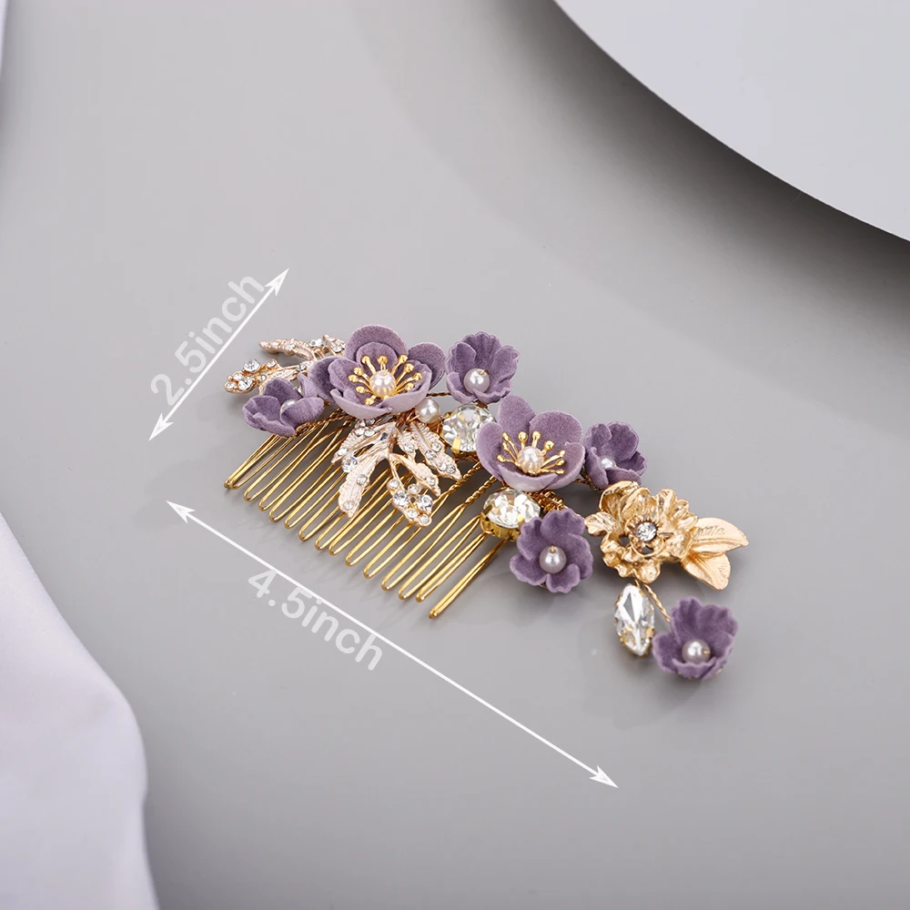 Purple Flower Headdress Set Rhinestones Hair Comb Pins Alloy Leaves Wedding Head Jewelry Bridal Hair Accessories