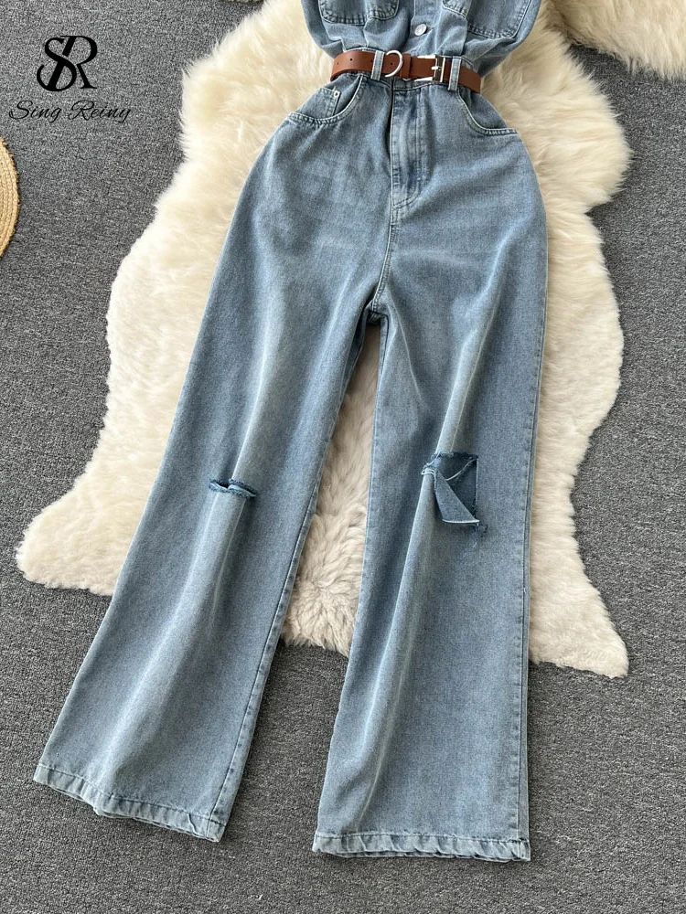 SINGREINY Jumpsuit Denim Longgar Robek Saku Tanpa Lengan