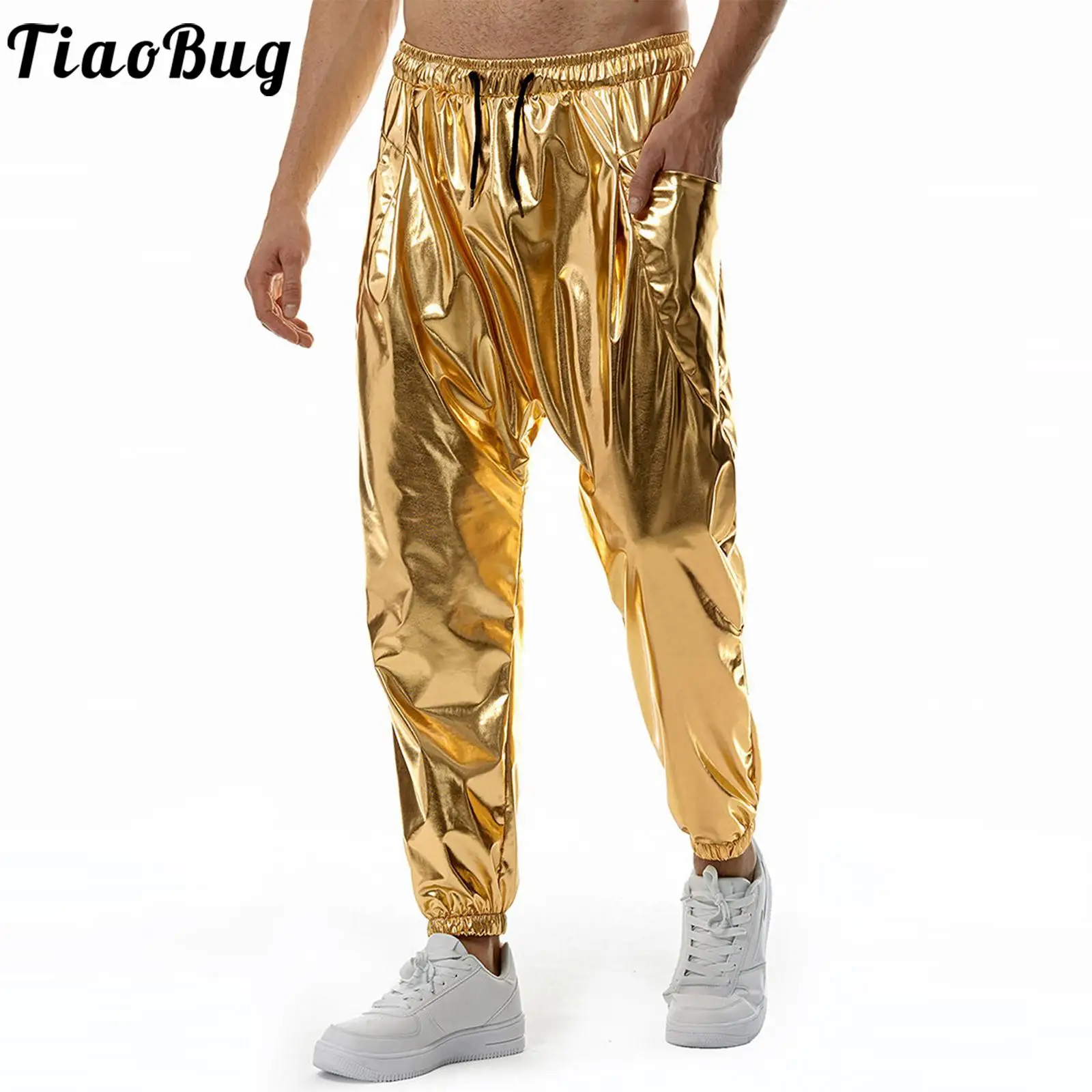

Mens Drawstring Elastic Waistband Metallic Shiny Hip Hop Pants Fashion Trousers Halloween Disco Theme Party Costume