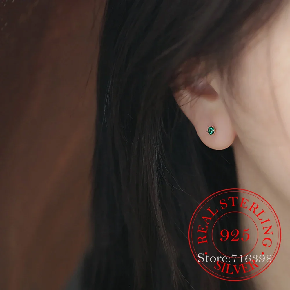 

925 Sterling Silver Cute Emerald Stud Earrings For Women Kids 14K Gold Plated Ear Wedding Party Jewelry Gift Female Pendientes