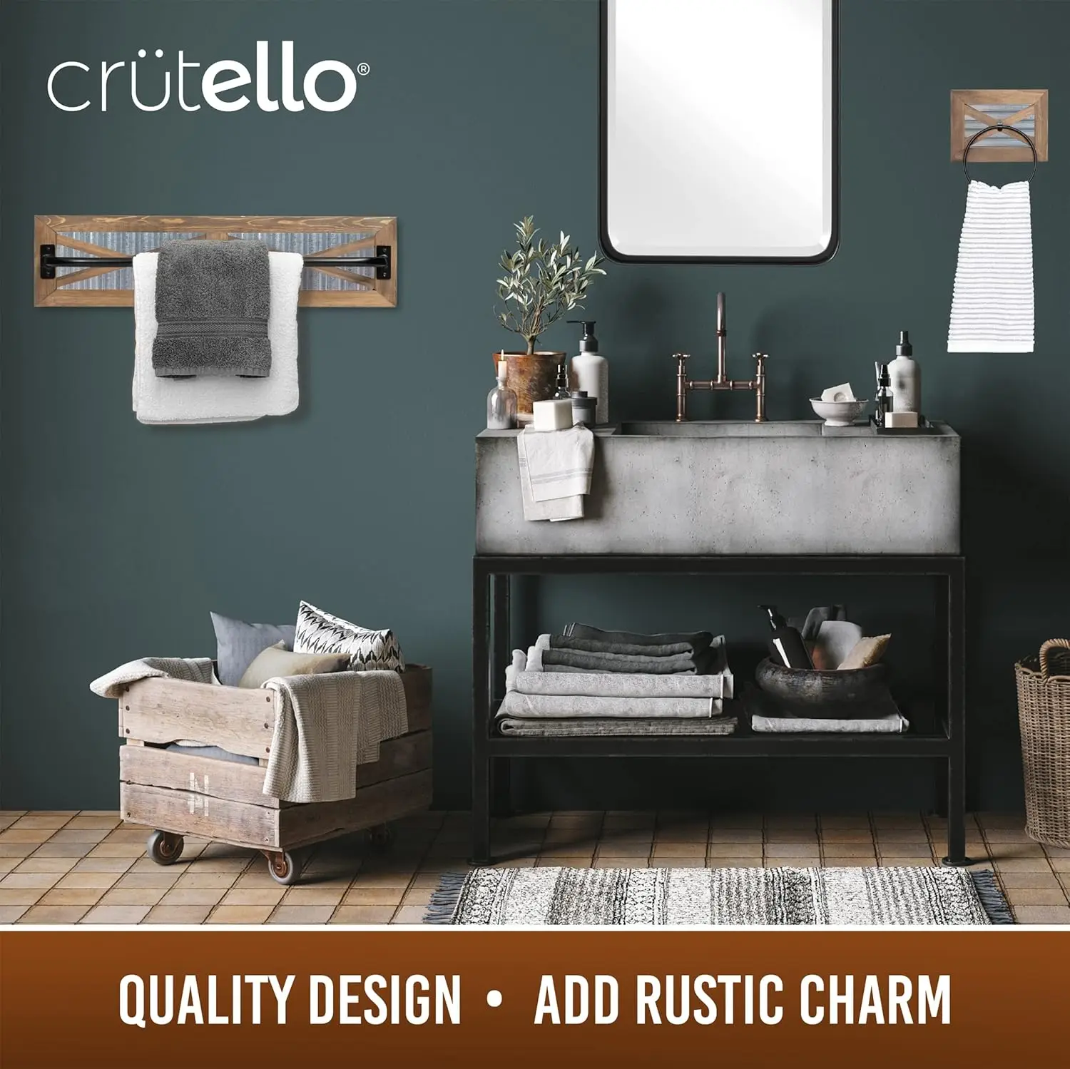Rustic Bathroom Set. Towel Bar, Paper Holder, Towel Ring. Wall-Mounted. Barnwood, Galvanized Backing, Black Metal Bar.