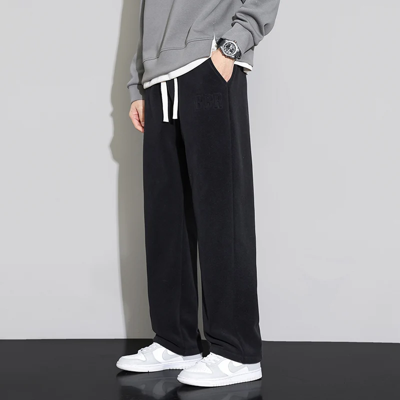 Men Outdoor Wide Leg Fleece Sweatpants Velvet Lining Cargo Pants Winter