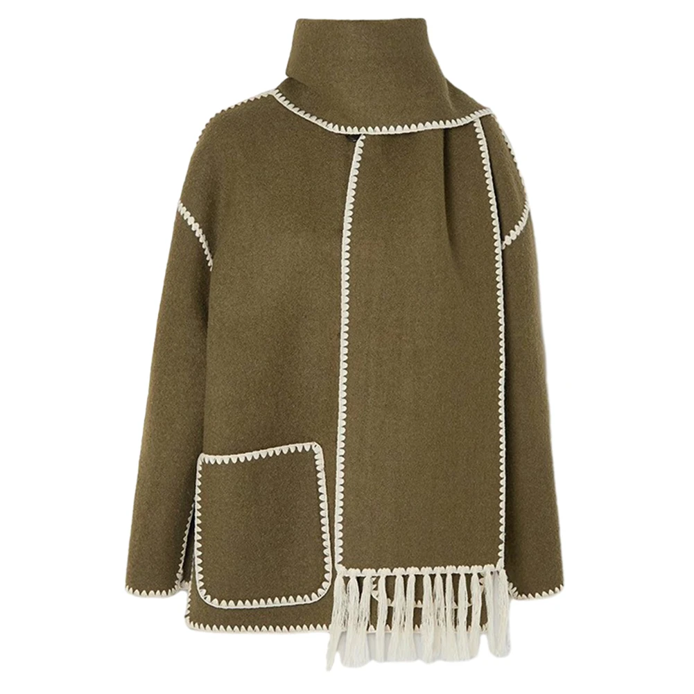 New Women's Long Sleeve Faux Cashmere Splice Coats With Scarf Thick Coat Overcoat Ladies Warm Jacket Tops Outwear