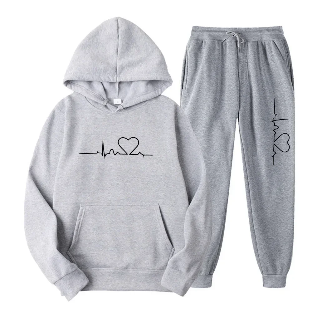 2024 Men And Women Plus Fleece Hoodie Set Autumn And Winter Men's Heart Figure Hoodie Trend Casual Men's Printed Shirt