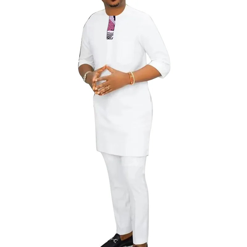White African Clothes Men's Set Three Quarter Sleeve Nigerian Fashion Tops+Trousers Male Shirt+Pant Ramadan Wear