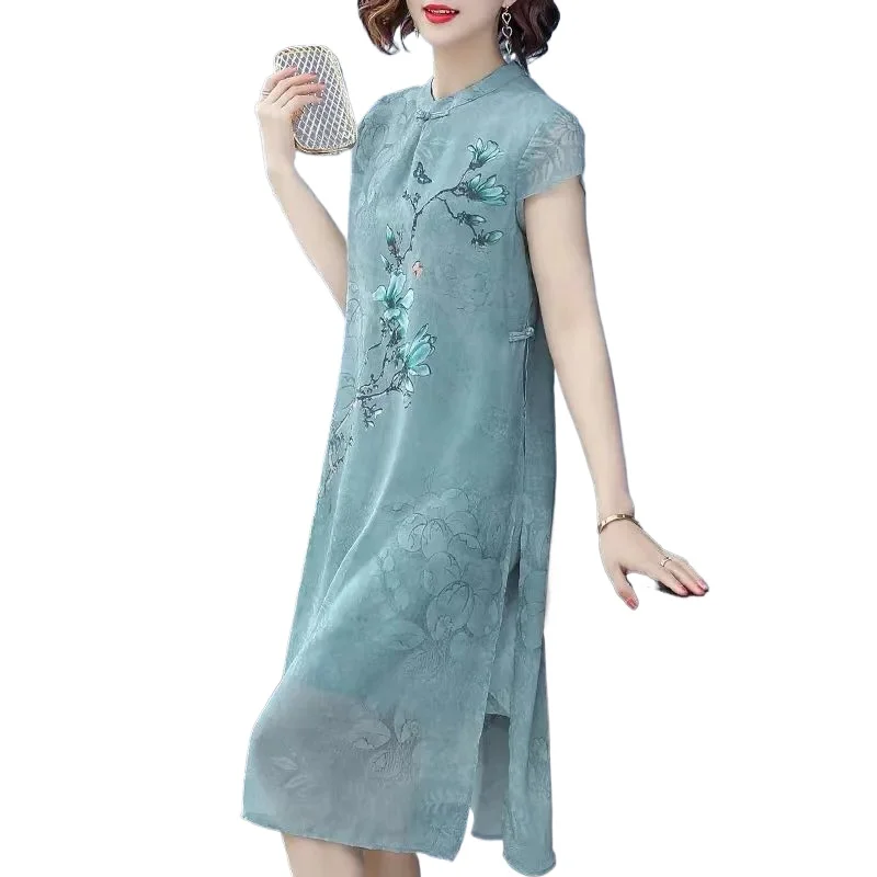 

Large Size Mother Dress Summer New Noble Fashion Cheongsam Dresses Middle-aged Woman Long Chiffon 4XLPrint Dress Vestidos