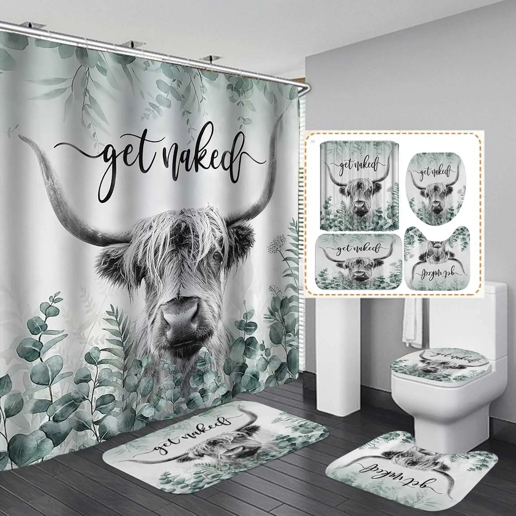 

4PCS Highland Cow Shower Curtain Set Rugs Toilet Cover Mat Longhorn Animal Wildlife Western Rustic Bathroom Decor Shower Curtain