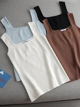 high quality chic basic U-NECK Summer white knit Women tank top sexy sleeveless t-shirt  vintage top casual crop top t shirt 1