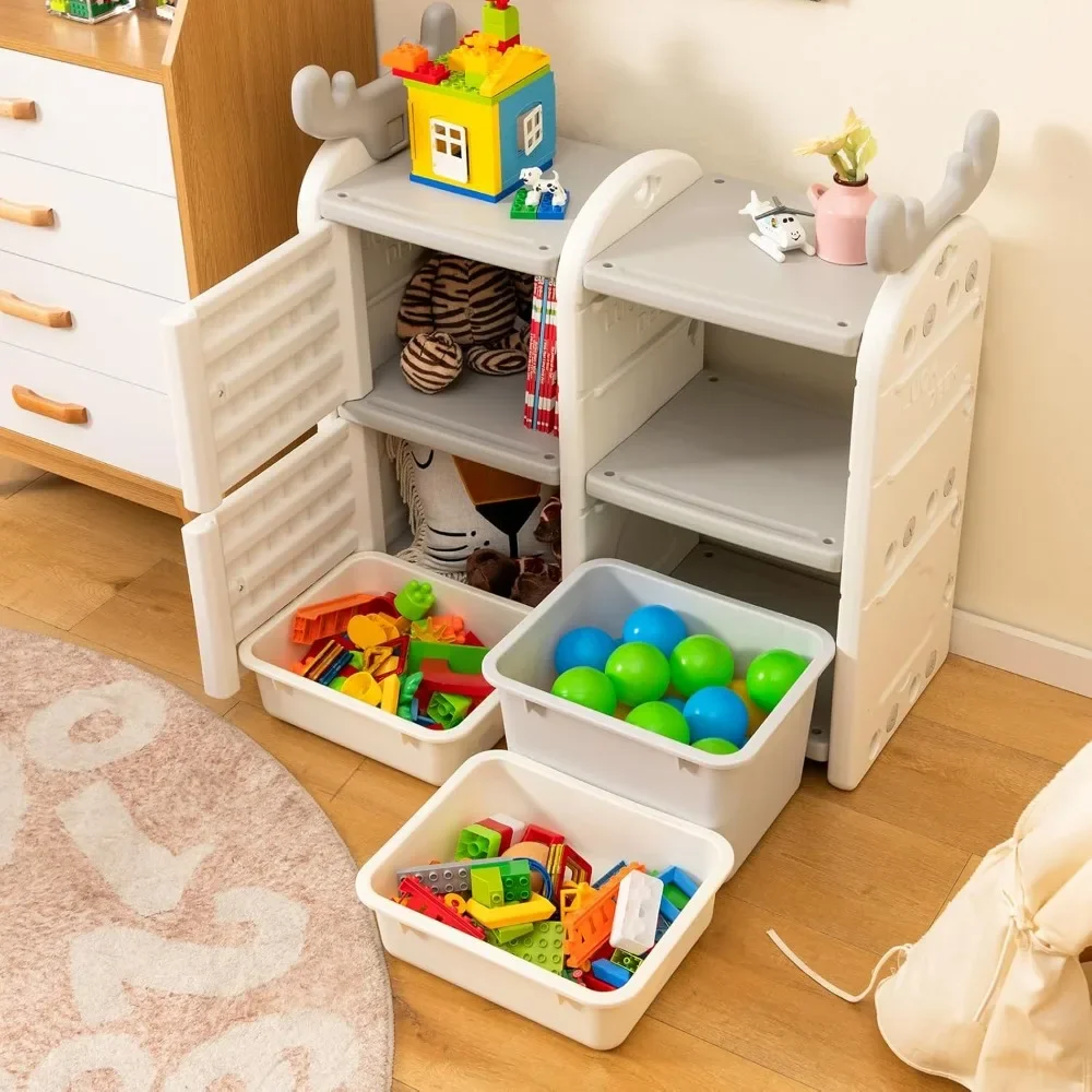 Toy Storage Organizer with Bins, Multipurpose Bookshelf and Toy Chest with Antler Top, Enclosed Cabinets & Pull-Out Drawers 2