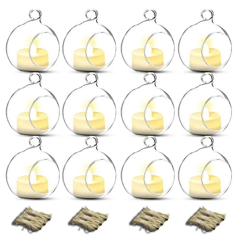 6/12 Pcs Mini Hanging Glass Tealight Globe Candle Holder with LED Candles for Wedding Party Tree Decoration
