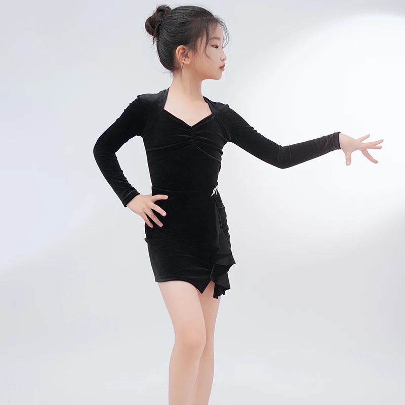 

Black Velvet Latin Dance Performance Dress Bodysuit Skirt Girls Long Sleeve Rumba Dancing Clothes Children Practice Wear VDB7822