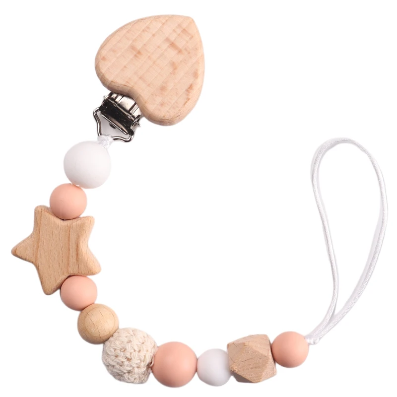 Baby Wood Crochet Round Bead Pacifier Chain Wooden Heart Dummy Holder Clip For Baby Teether Teething Chain Nursing Chew Toy Gift pacifier clip pacifier chain pacifier accessories