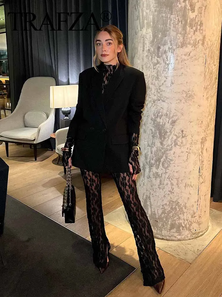 TRAFZA 2pcs Lace Pants Sets For Women Fashion Trend Hollow Out Slim Jumpsuits + Flare Pants Versatile Women's Long Leggings 2