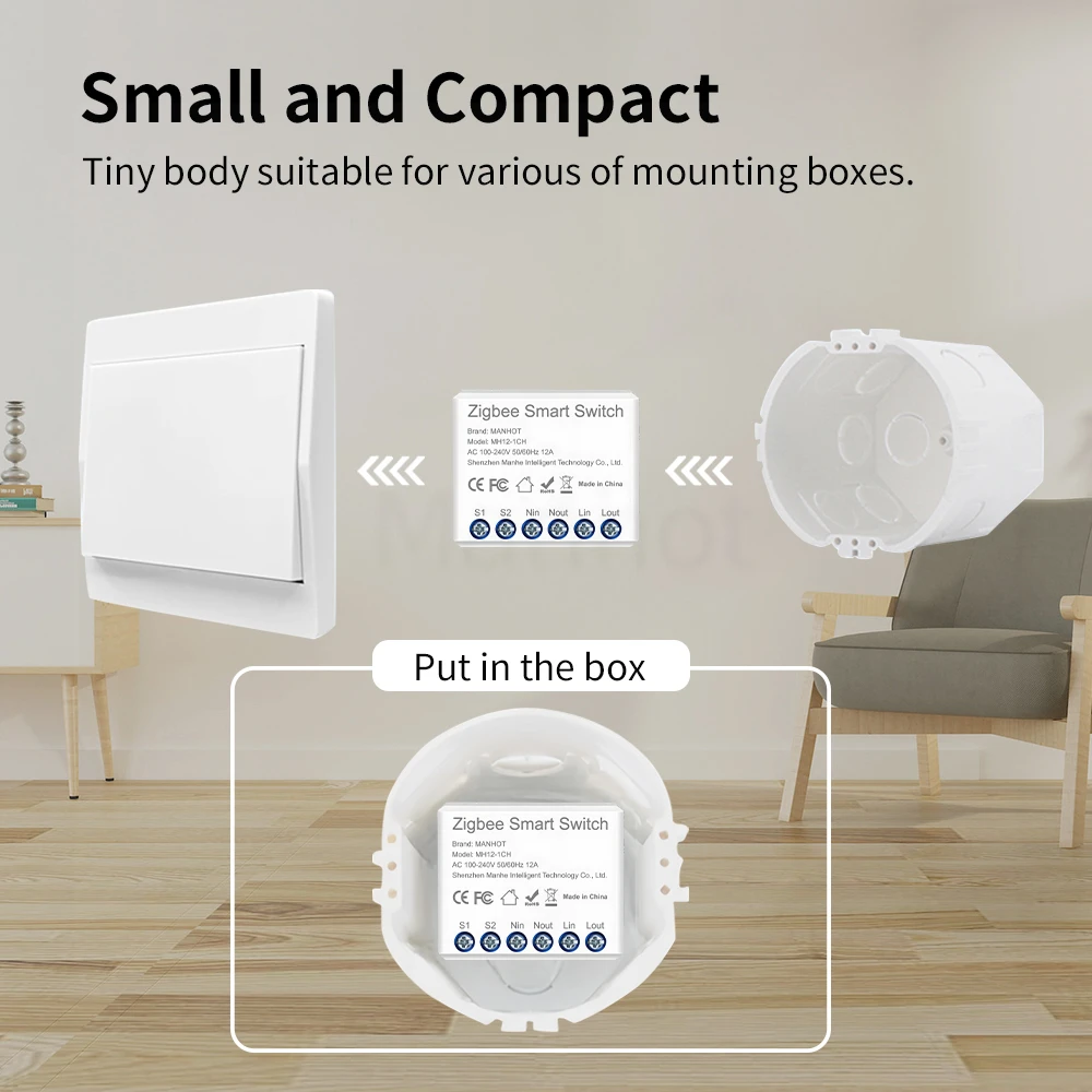 Smart Zigbee Mini Light Switch Module, 16A, with Voice Control Integration