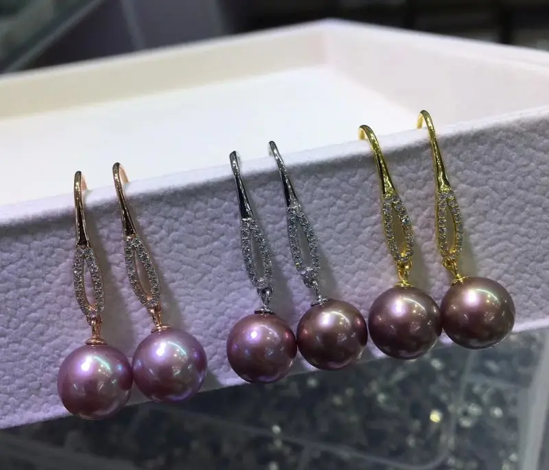 

S925 Gorgeous 10mm round real pearl purple nucleated kasumi pearls dangle earring sterling silver