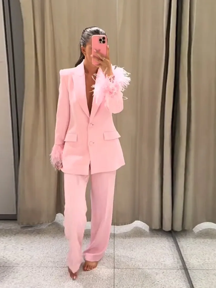 Ostrich Feather Patchwork Blazer Coat Pants Sets Women Pieces