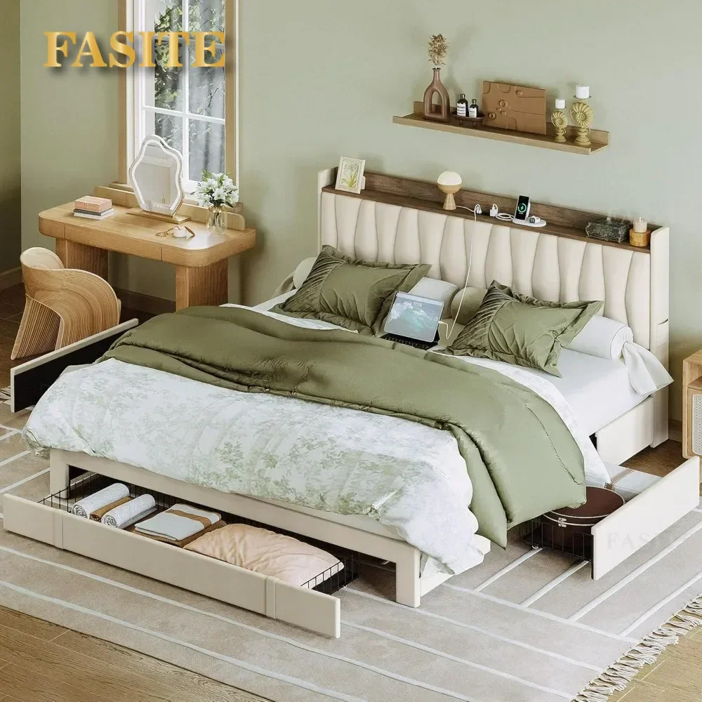 King Size Bed Frame With Storage Headboard And Charging Station, With 3 Drawers, No Box Spring Needed, Bed Frame Queen Size