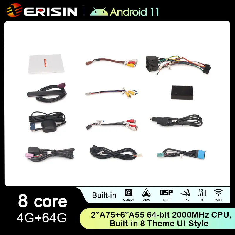 Erisin ES8971F 7 인치 IPS 스크린 8 코어 안드로이드 11.0 자동차 DVD 플레이어, GPS 4G LTE DPS 무선 카플레이, 자동 라디오, 피아트 브라보 스테레오