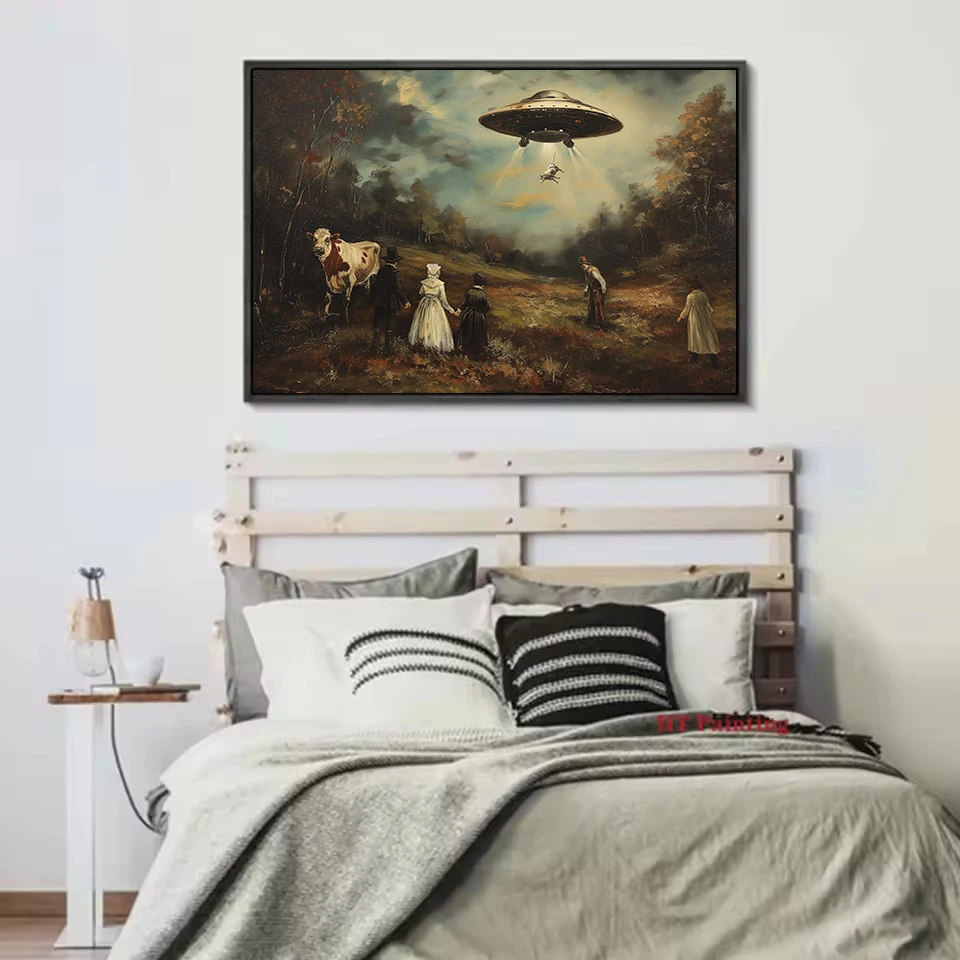 1pc frameless Vintage Surreal Funny Victorian UFO Landscape Cow Alien Poster Wall Art Pictures Canvas Painting Home Farmhouse De 4