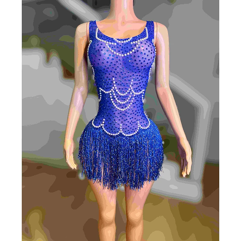 

Женское боди для ночного клуба, сексуальное Сетчатое боди с кисточками, голубое Женское боди