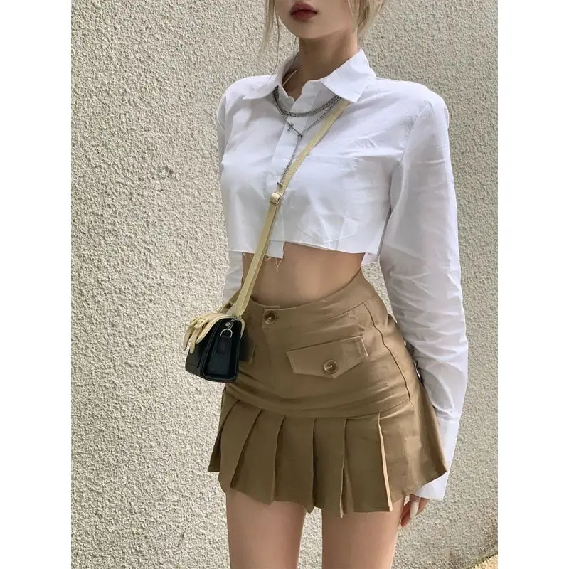 

Khaki Pleated Skirts for Women Streetwear Preppy Vintage Sexy Short Mini Kpop Tennis High Waist Korean Fashion Harajuku Punk