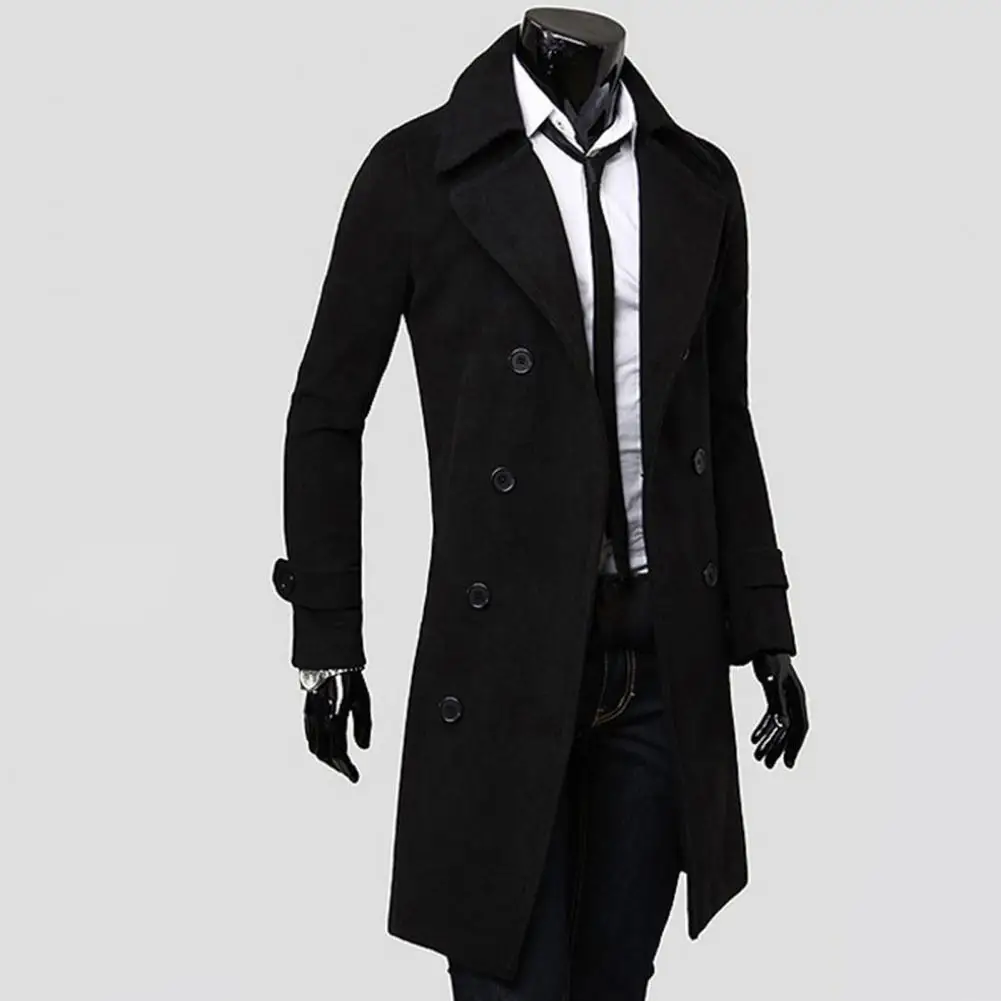 Simple Trench Coat Double-breasted Male Men Coat Coldproof Pure Color Jacket - Image 6