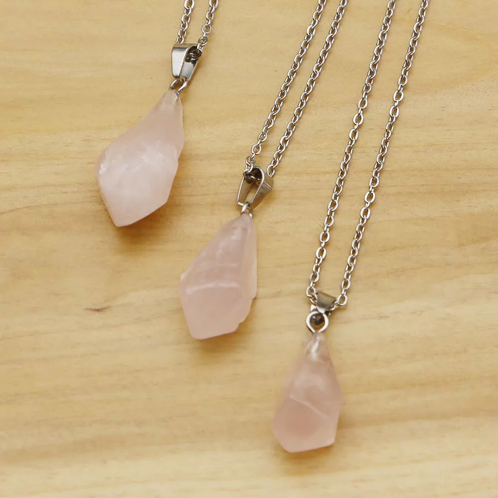 Natural Raw Ore Stone Stainless Steel Chain Irregular Rose Quartz Pendant Necklace Charm DIY Accessories Jewelry Wholesale 10Pcs
