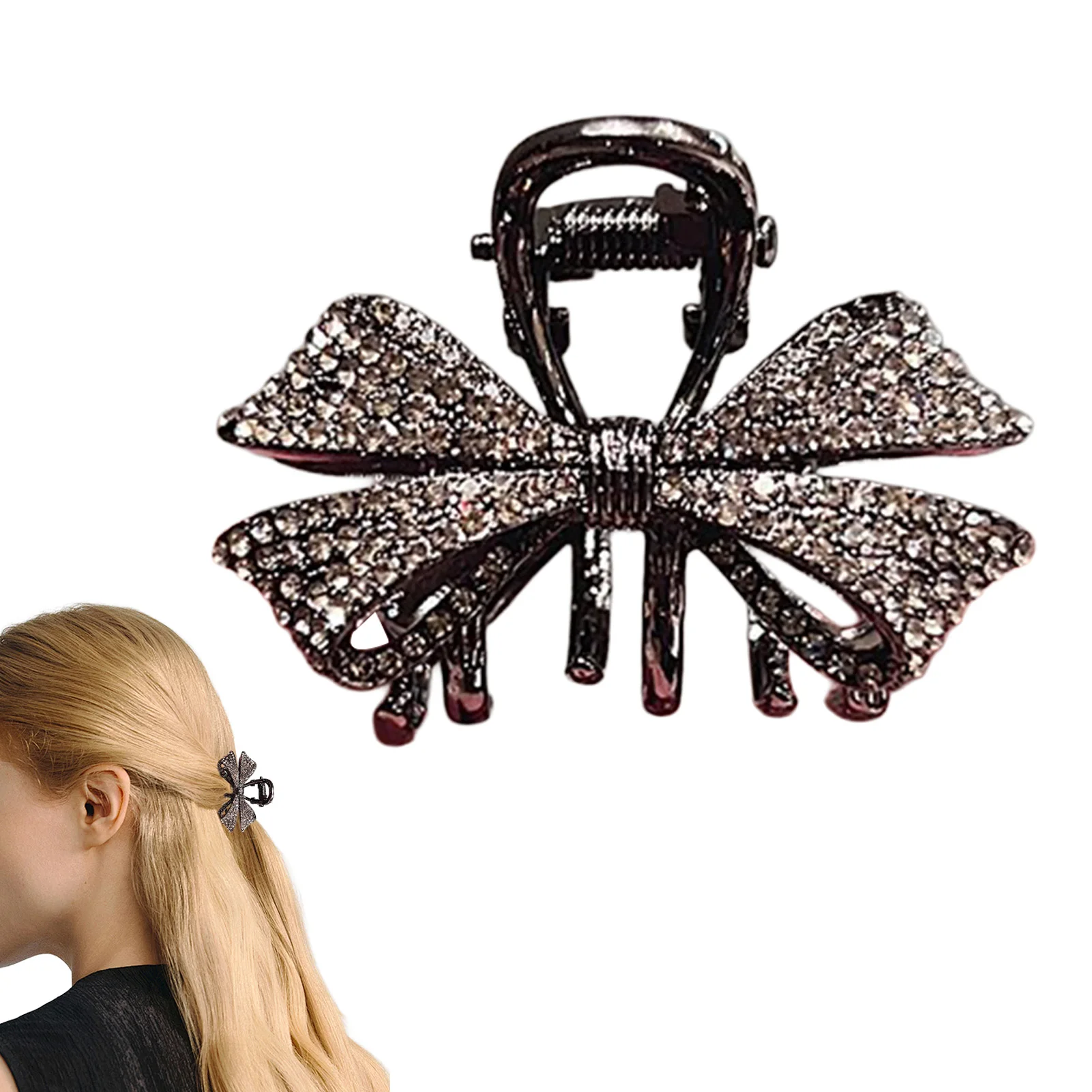 Black Bowknot Hair Claw Clip Sparkly Rhinestone Mini Simple Hairpin for Women Girls Elegant Snap Clip for Bangs Hair Holder