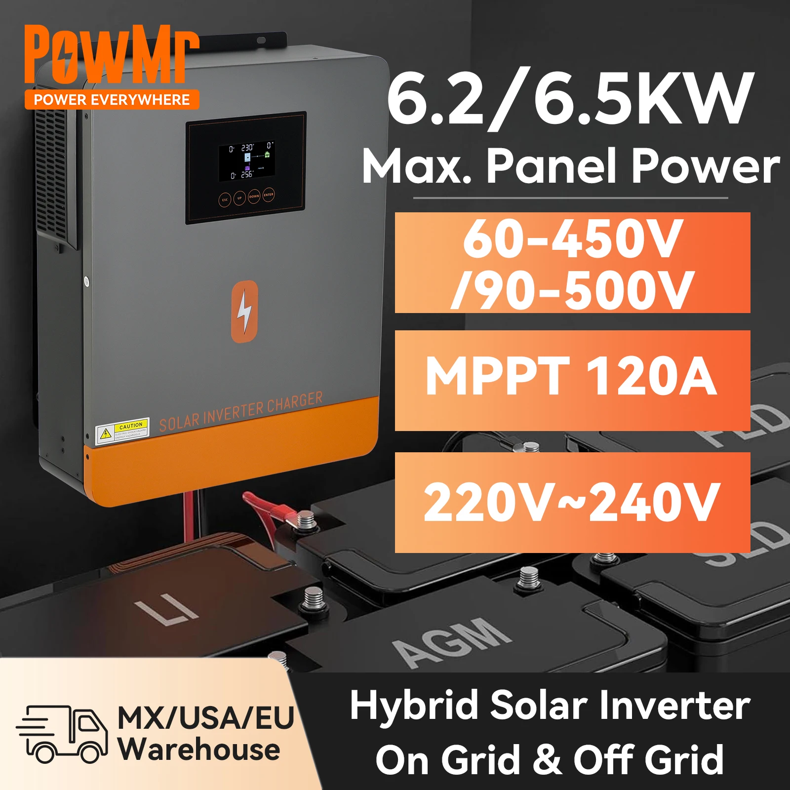 Onduleur solaire hybride 6.2KW 48V 2KW 12V 230VDC, onduleur MPPT photovoltaïque à onde