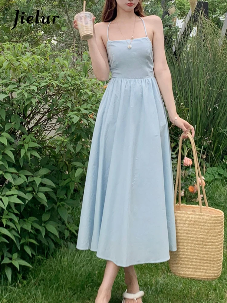 Jielur New Women's Blue Women's Sling Dress Summer Fashion Retro Vacation  Lady Dress Korean Sexy Sweet Irregular Chiffon Dresses - AliExpress  200000345