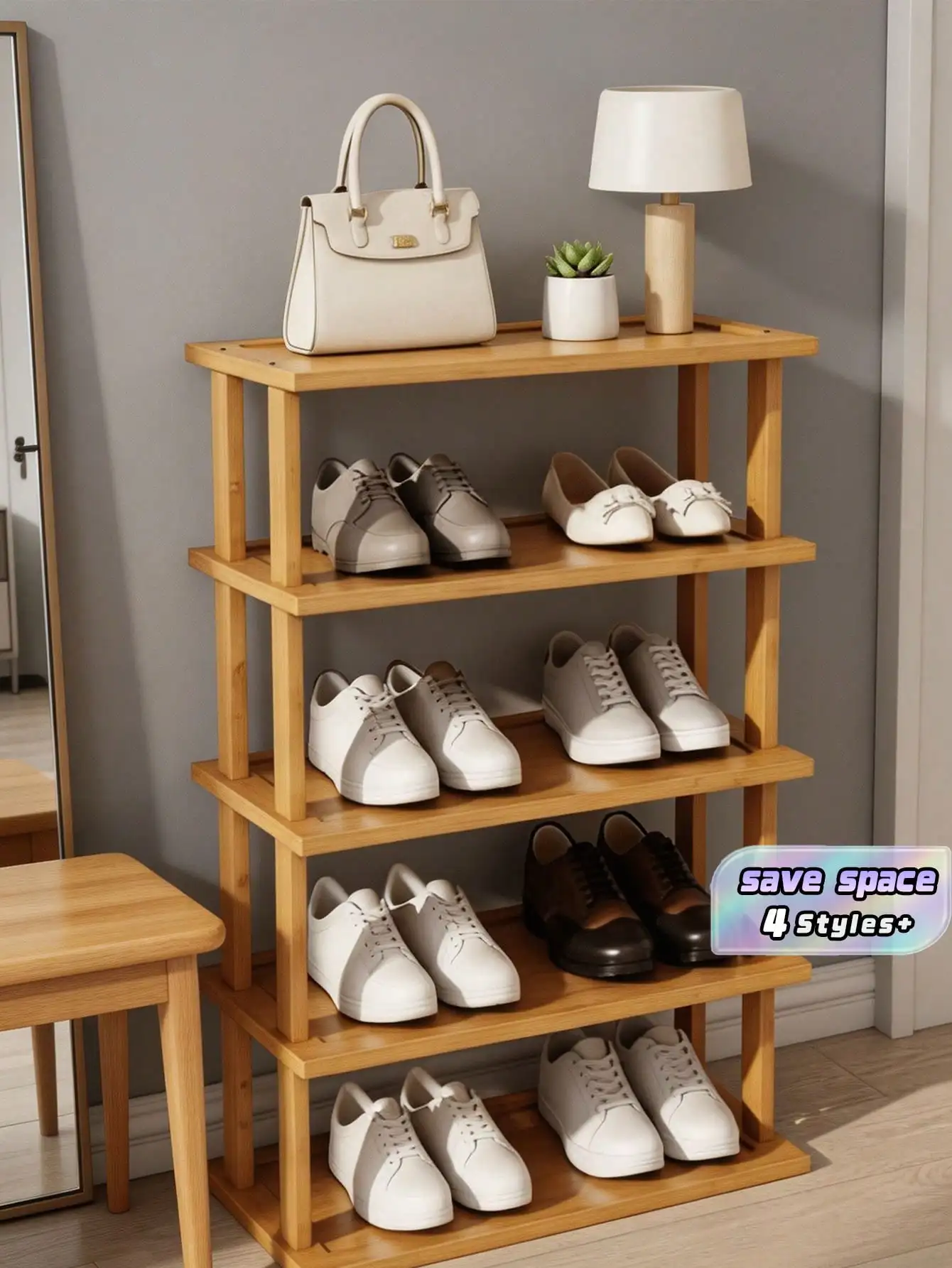 Elegant Multi-Tiered Bamboo Shoe Rack With A Natural Wood Grain Finish-Space-Saving, Easy To Assemble, And Suitable For Domes, H