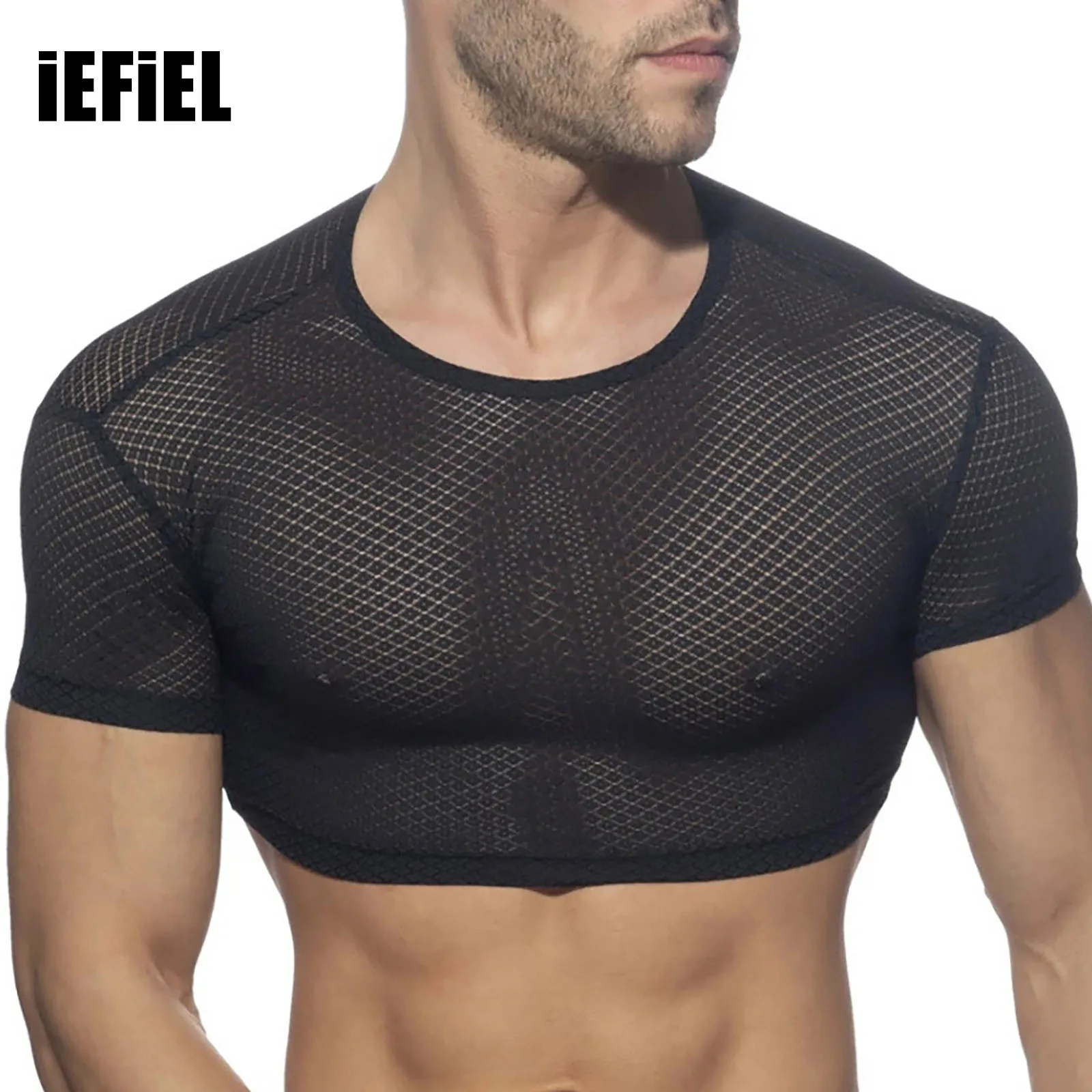 

Men Translucent Diamond Pattern Crop Top Round Neck Short Sleeve Muscle Showing Tight Tops for Club Shows Workout