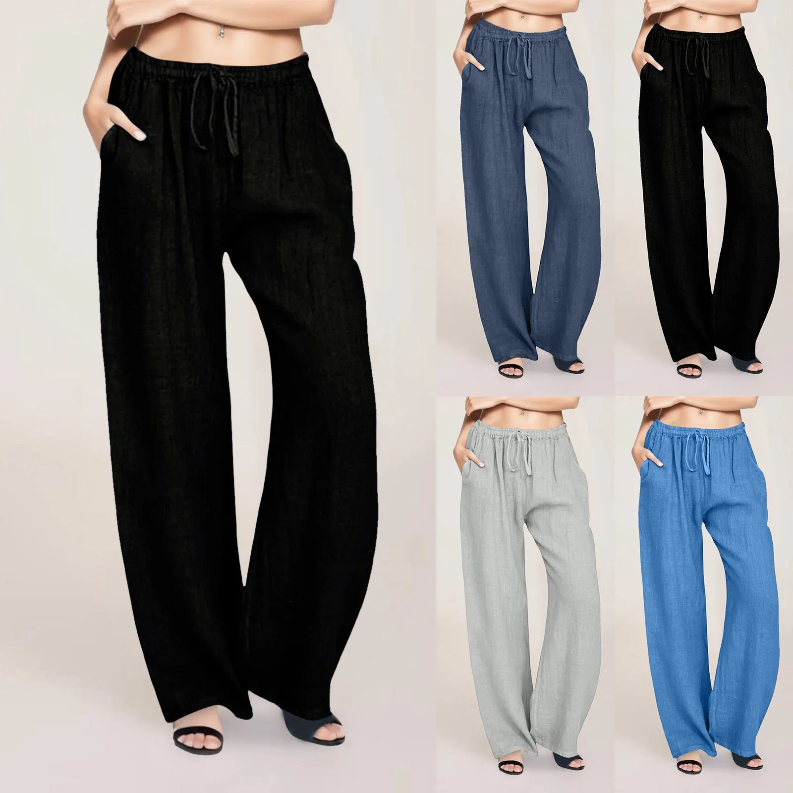 

Women Cotton Linen Pants Fashion Solid Color Elastic Waist Loose Straight Pants Female Ankle-length Trousers Summer Casual Pants